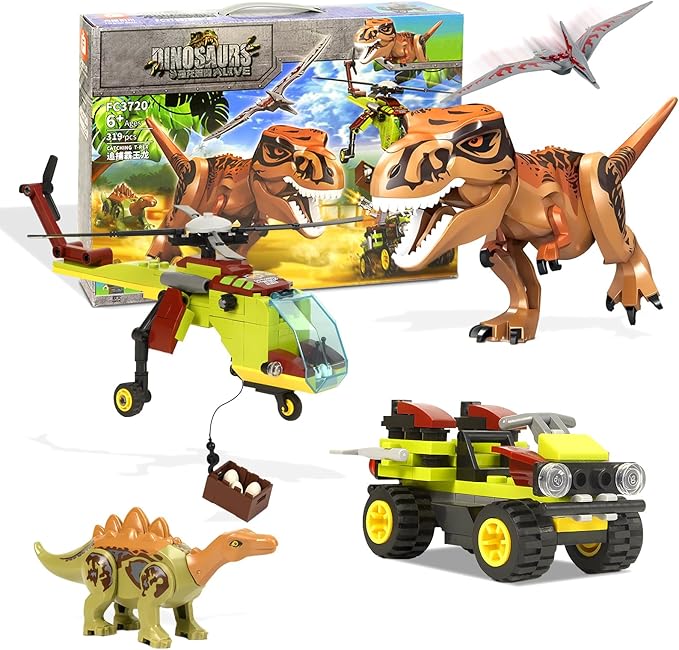 Jurassic Dinosaur Toys Set Compatible with Lego, 319 Pcs Dinosaur Park Toys for Age 8 9 10 11 12 13 14 Years, Chasing Tyrannosaurus Rex Playset for Boys and Girls