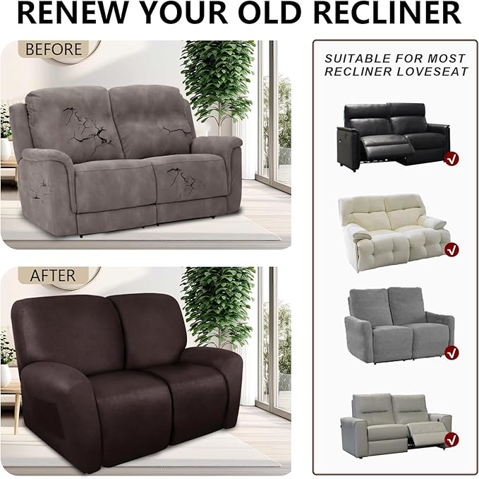 Loveseat Recliner Cover Leather Look Recliner Loveseat Covers Recliner Sofa Cover for 2 Seater Reclining Couch Spandex Fabric Washable 6 Pieces (2 Seater, 01 Chocolate)