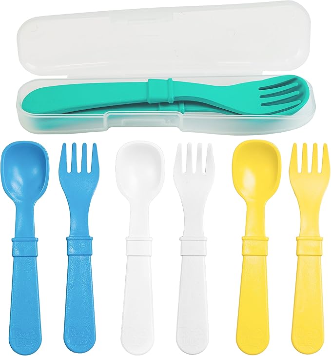 Re-Play Made in USA Toddler Forks and Spoons, Pack of 8 With Carrying Case - 4 Kids Forks with Rounded Tips and 4 Deep Scoop Toddler Spoons - 0.2" Thick Toddler Utensils with Case, Surf