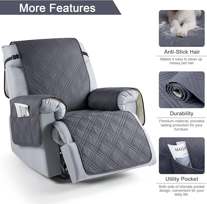 TAOCOCO 100% Waterproof Recliner Chair Cover, Non Slip Oversized Recliner Covers for Recliner Chair with Pocket, Reclining Chair Cover Furniture Protector for Kids, Pets(Oversized Recliner, Dark Grey)