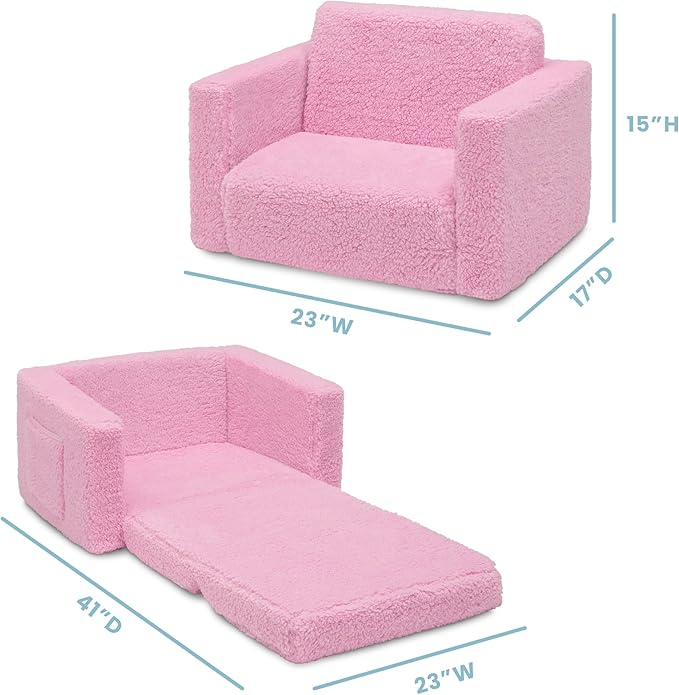 Delta Children Cozee Flip-Out Sherpa 2-in-1 Convertible Chair to Lounger for Kids, Pink