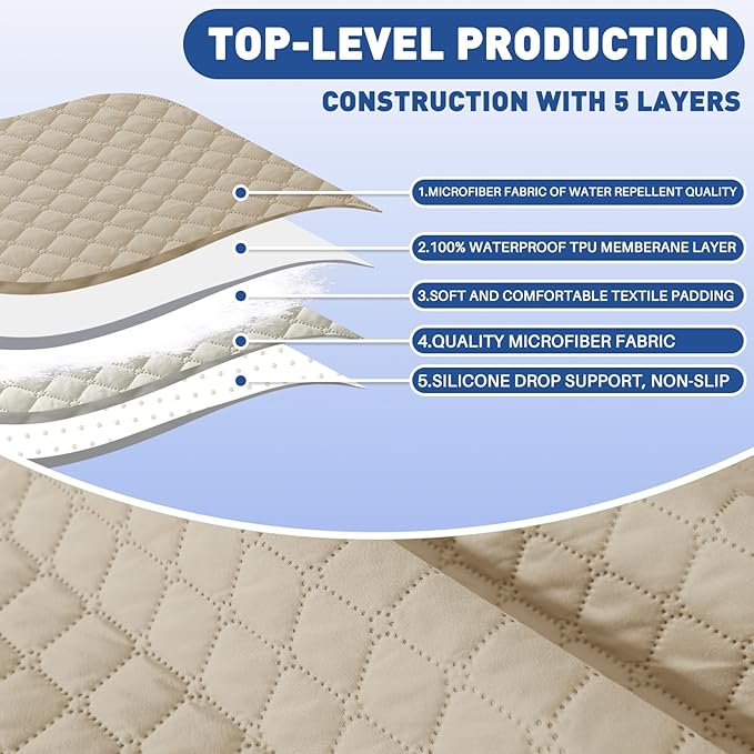 XINEAGE Quilted Chair Sofa Cover Waterproof Chair Covers for Armchair, Super Soft Washable Slipcover with Pockets & Non-Slip Elastic Straps, Thick Furniture Protector (Chair, Khaki)