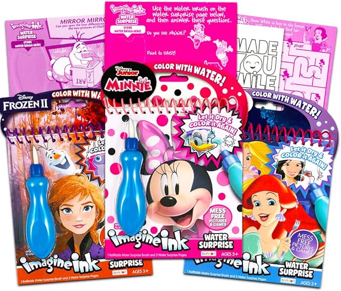 Disney Minnie Mouse Paint with Water Super Set for Kids Toddlers Bundle ~ 3 Mess Free Books with Water Surprise Brushes (Featuring Minnie Mouse, Disney Frozen, and Disney Princess)