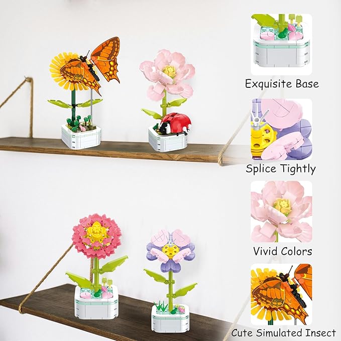 Flower Bouquet Building Set with Base, Flower Building Set Artificial Plant Flowers Building Blocks for Home Office Decor, Birthday Gifts, Desktop Trinkets Age 6+