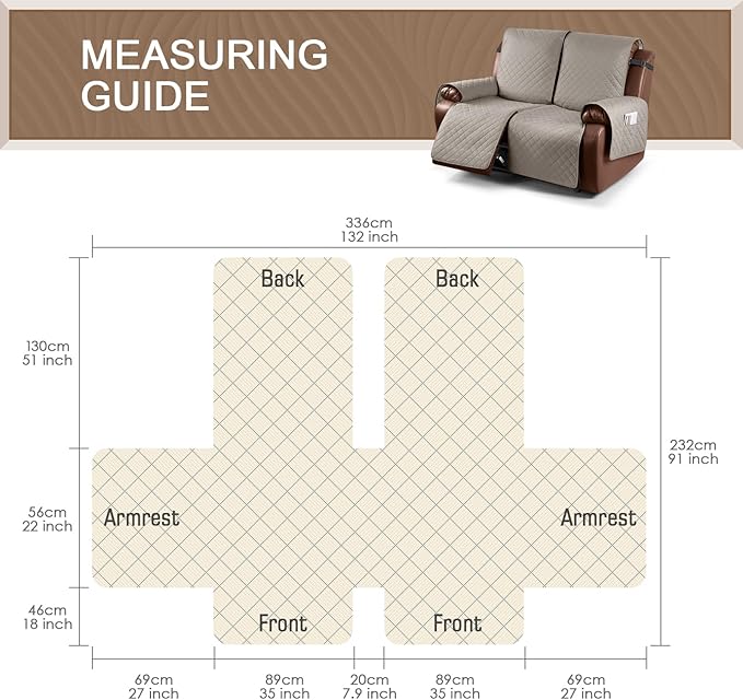 KinCam Waterproof Oversized Loveseat Recliner Cover, Non-Slip Reclining Couch Covers for 2 Seat, Recliner Sofa Cover Furniture Protector with Elastic Straps for Kids, Pets, Khaki