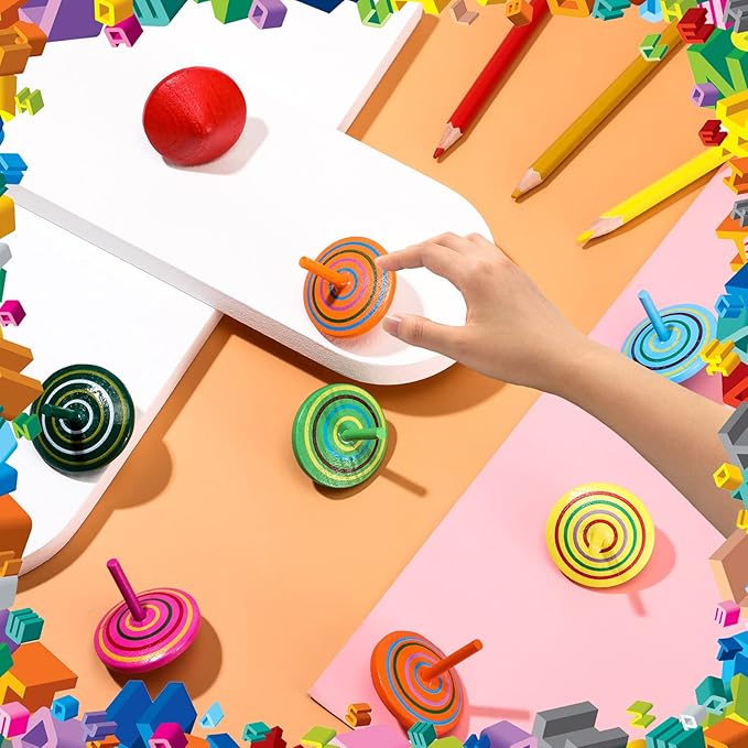 Aoriher Wood Spinning Tops for Kids, Colorful Wooden Gyroscopes Toy, Educational Kindergarten Toys, Rainbow Spin Tops for Games Party Favors Birthday Gifts(24 Pieces)