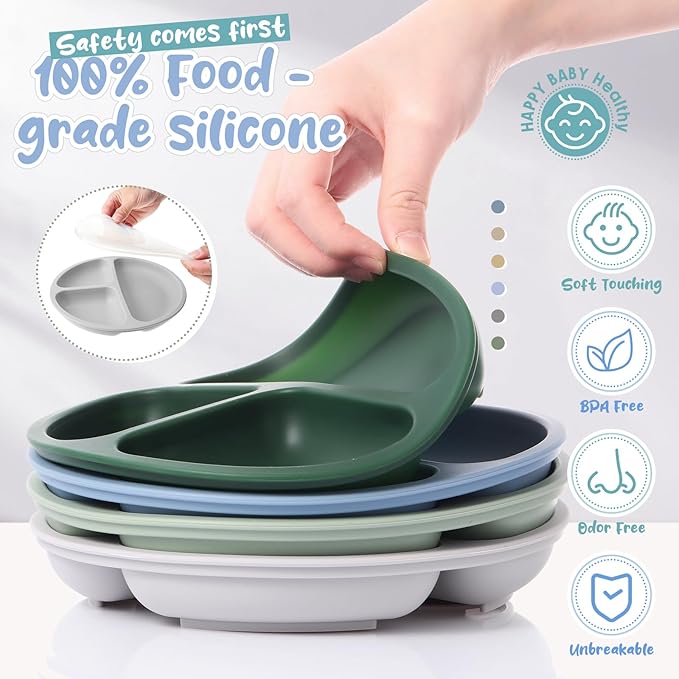 Meanplan 6 Pack Suction Plates for Toddlers with Lids Silicone Baby Plates set Food Grade Silicone Divided Design BPA Free Microwave and Dishwasher Safe Assorted Colors(Mixed Colors)