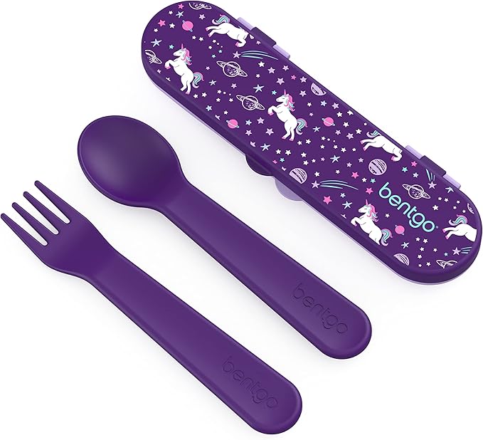 Bentgo Kids Utensil Set - Reusable Plastic Fork, Spoon & Storage Case - BPA-Free Materials, Easy-Grip Handles, Dishwasher Safe - Ideal for School Lunch, Travel, & Outdoors (Unicorn)