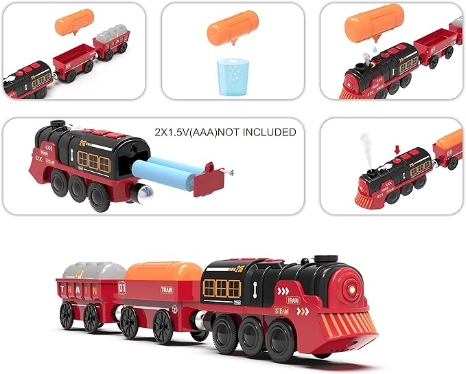 Toy Train Electric Train Set for Wooden Tracks, Christmas Motorized Train Toys for Toddlers, Battery Operated Train Includes Lights, Sounds, Smoke, Steam Train Compatible with Thomas, Brio