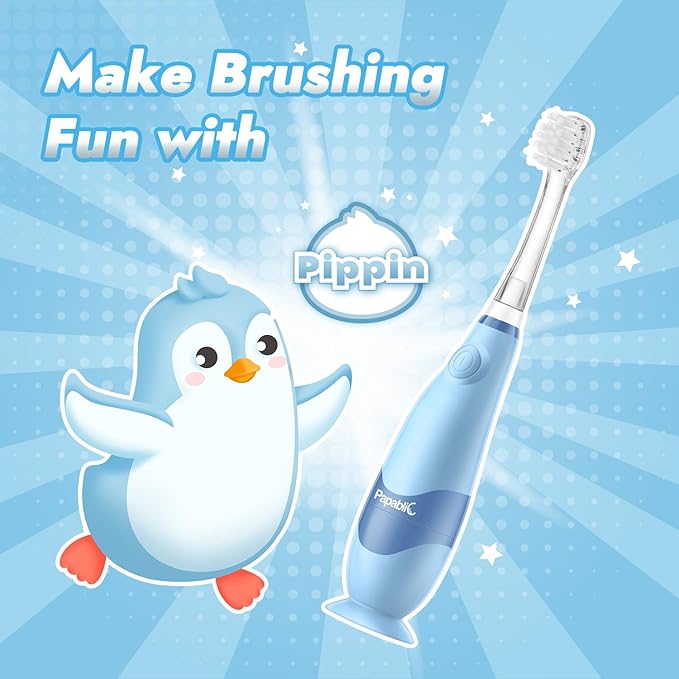 Papablic Toddler Sonic Electric Toothbrush for Ages 1-3 Years, Baby Electric Toothbrush with Cute Penguin Cover and Smart LED Timer, 2 Brush Heads (Pippin)