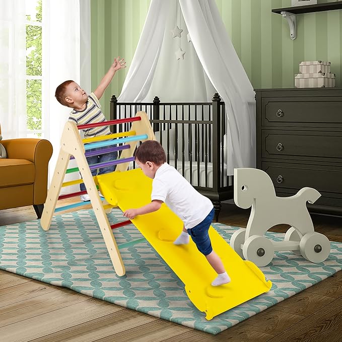 HONEY JOY Triangle Climber with Ramp, 2-Side Ramp for Climb & Slide, Kids Climbing Triangle Ladder for Daycare, Gym & Playground, Wooden Montessori Climbing Toys for Toddlers, Gift for Boys Girls