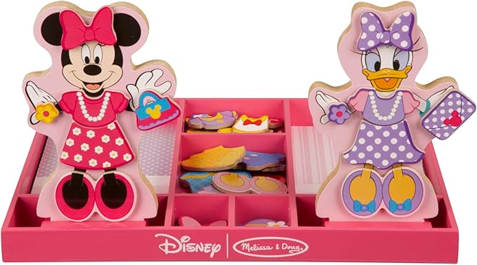 Melissa & Doug Disney Minnie Mouse and Daisy Duck Magnetic Dress-Up Wooden Doll Pretend Play Set (40+ pcs) Minnie Mouse Toys, Disney Dress Up Dolls For Preschoolers And Kids Ages 3+