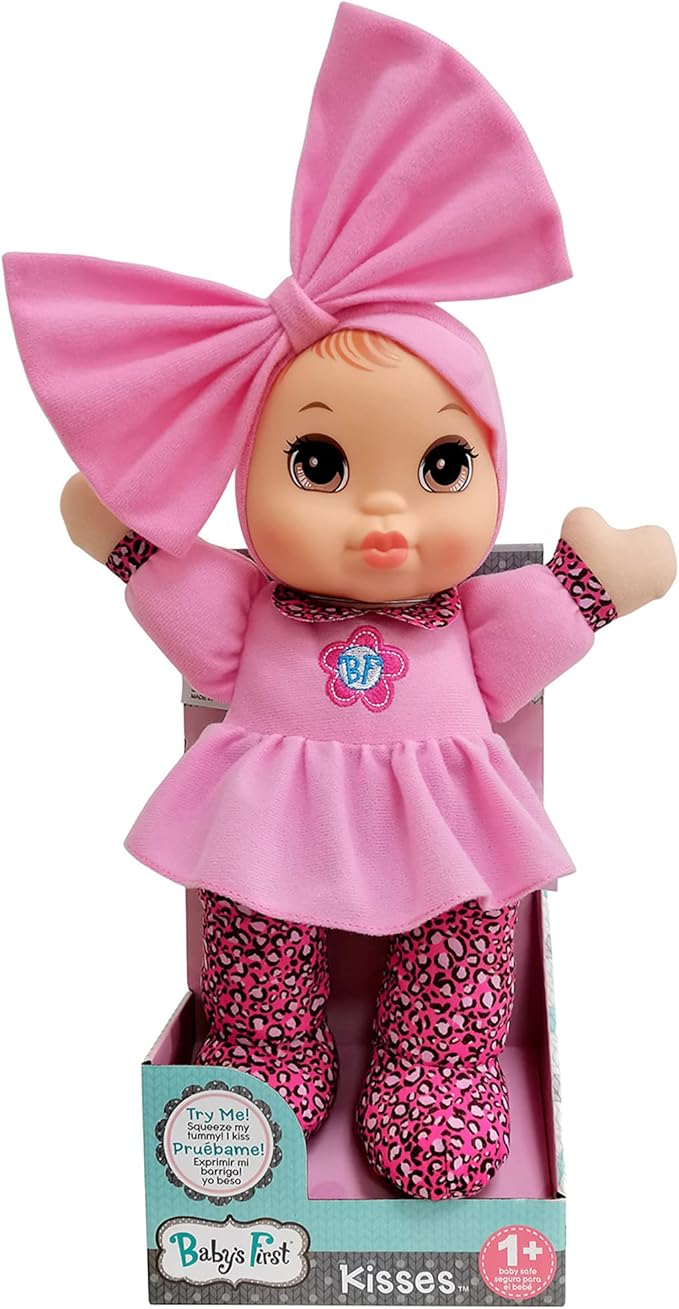 Baby's First Soft & Cuddly Baby Kisses Doll - Dressed in Pink Top and Print Leggings - Press her Tummy for a Sweet Kisses Sounds and Says I Love You