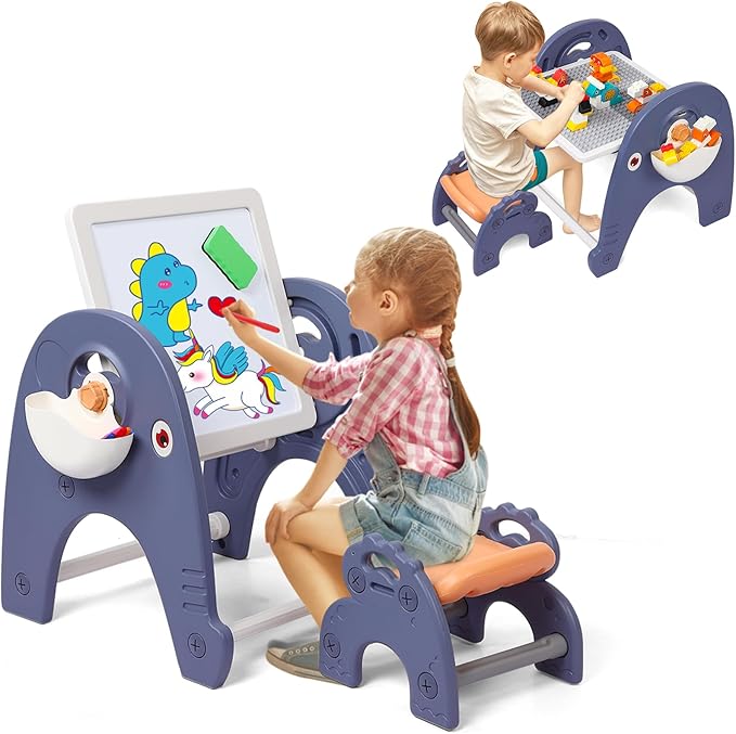 Easel for Kids, Art Easel with Magnetic Painting Board & Building Blocks, 2 in 1 Kids Table & Chair Set, Children Convertible Activity Table Set for Drawing Reading Art Playroom