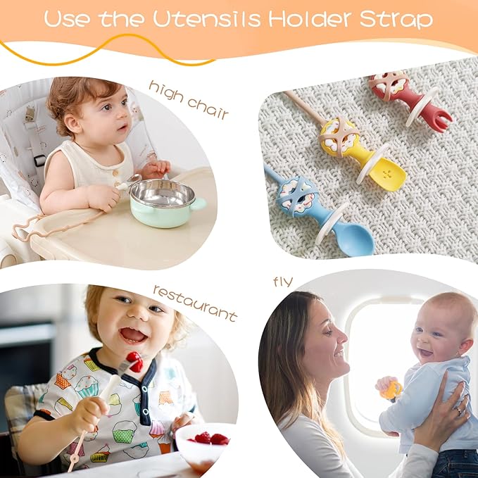 Baby Spoons Self Feeding 6 Month,Toddler Utensils Holder Strap Food Grade Silicone Keep Fork and Spoon Off The Floor Great for Kids,Hook On High Chair（Blue）