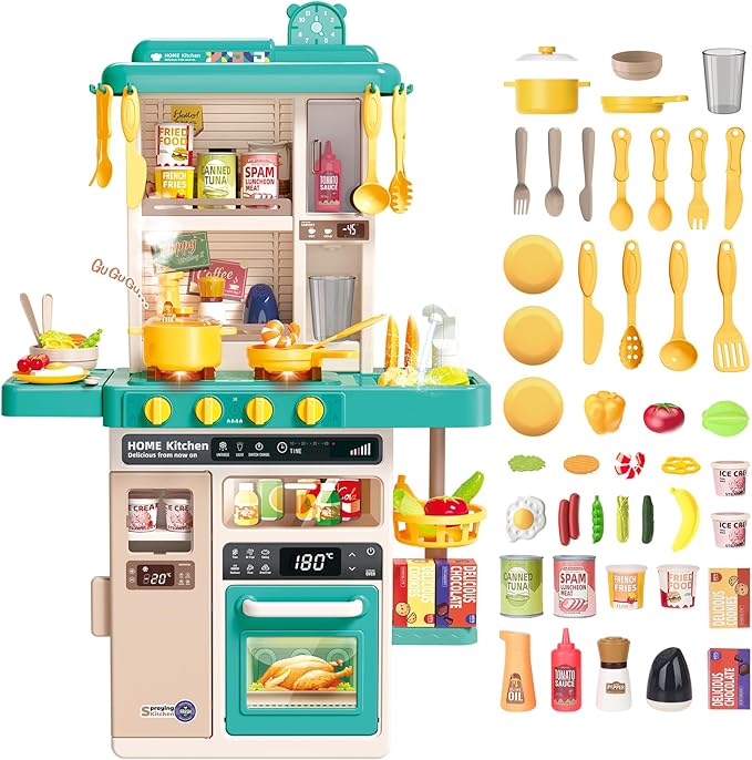 deAO Play Kitchen Set for Kids Boys 50PCS Play Kitchen Accessories with Sounds Light Steam Pretend Play Kitchen Toy Birthady Christams Gifts for Toddler Aged 2-12 Years