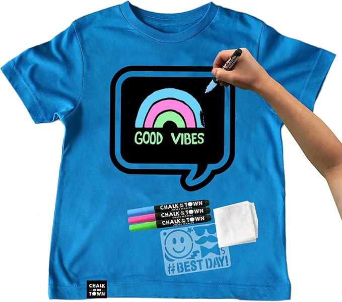 Blue Speech Bubble Chalkboard Short Sleeve T-Shirt Kit for Kids with 3 Markers and 1 Stencil, (Youth Large)
