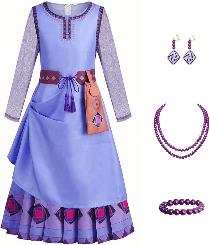 Wish Asha Dress - Princess Asha Costume for Girls 3-12 - Dress Up Set with Wig, Belt, Pouch, Necklace and Earrings