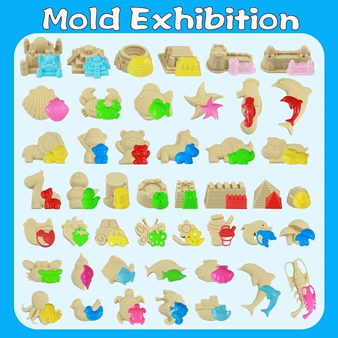 Play Sand Kit, 54Pcs Sandbox Toys Set for Boys Girls, 3lbs Magic Beige Sand, Mold Tools, Inflatable Tray, Storage Box, Funny Birthday Christmas Gift
