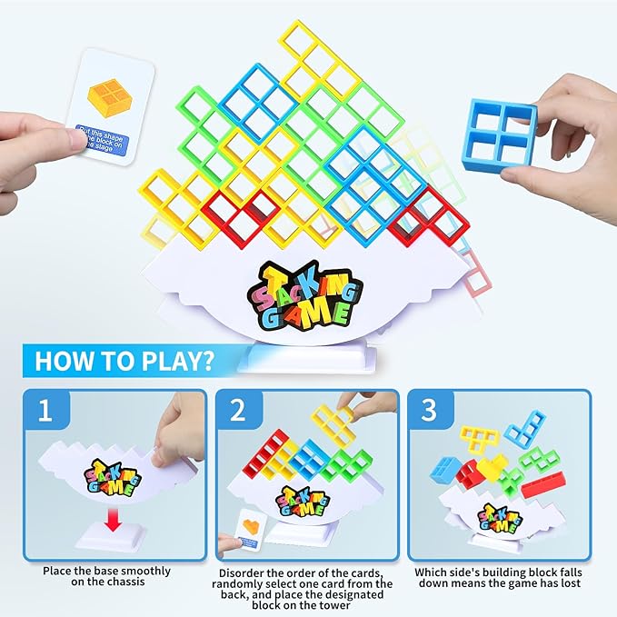 48PCS Stack Attack Game for Adult & Kids, Tetra Board Tower Games for Family Travel Party, 2 Players Balance Stacking Toy, Team Toys Building Block
