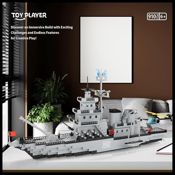 WW2 Military Battleship Building Block Set, Large-SizedCruiser Toy, Military Battle Ship Toy with Helicopter and City Lifeboat, A Gift Compatible with Lego Sets for Boys 8-14 & Adults (910pcs)