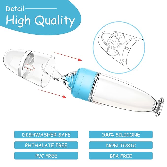 WAJIAYON Baby Food Feeder 4 Pack Silicone Baby Food Dispensing Spoon-3 oz Squeeze Feeding Spoons with Suction Cup for Boys Girl Kids Toddlers - Self Feeding Bottle Spoon-Sky Blue