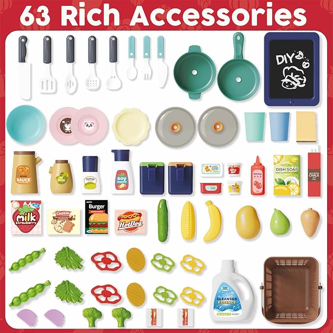 Kids Kitchen Playset: Realistic Lights & Sounds, Spray and Play Sink Simulated, Kitchen Cooking Accessories, Play Food, Ideal Gift Pretend Play Kitchen Set for Kids Girls Boys Ages 3 4 5 6+