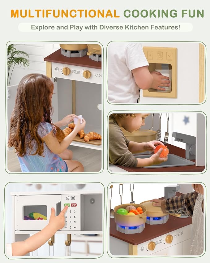 Babytronic Kids Play Kitchen, Wooden Kitchen Playset for Kids Ages 3+ with Real Lights, Sounds, Stove, Sink, Oven, and 30 Pcs Accessories, Toys Kitchen Small Pretend Play Kitchen for Toddlers (White)