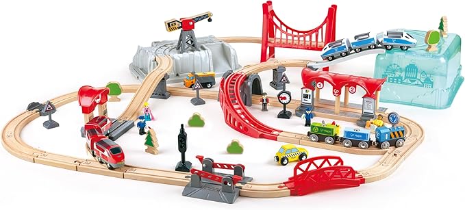 Hape City Railway and Train Bucket Set Toy with Hoisting Magnetic Crane for Trains, Trucks, and Cargo for Kids Ages 3 and Up, Multicolor
