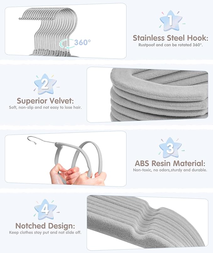 Baby Hangers, VIS'V 11 Inch Gray Velvet Kids Hangers with 6 Pcs Size Dividers Non Slip Nursery Children Closet Clothes Hangers for Infant Toddler Girls and Boys 30 Pcs