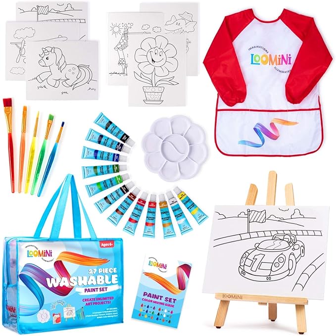 Paint Set for Kids | Premium Art Supplies for Boys & Girls | 27 Piece Washable Paint Set Includes Canvas Panels Paint Brushes Kids Apron Tabletop Art Easel & Storage Travel Bag