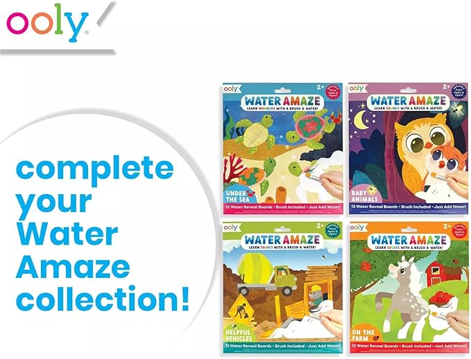 Ooly Water Amaze - Includes 12 Reveal Boards & Brush, Reusable Reveal Pads for Kids, Coloring Books for Toddlers, Paint with Water Books Ages 2+, Baby Animals