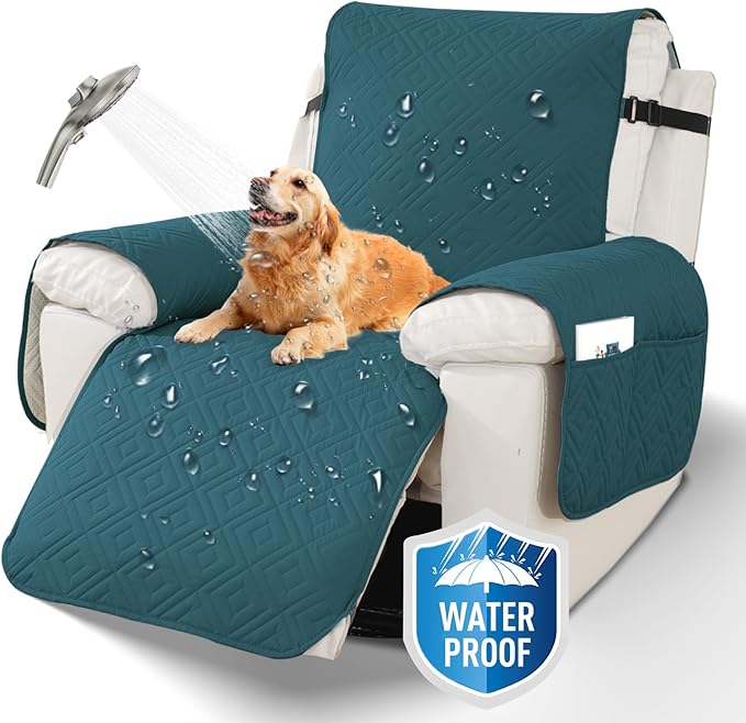 XINEAGE 100% Waterproof Recliner Cover, Non Slip Recliner Chair Cover with Elastic Band, Washable Recliner Slipcover with Storage Pockets for Kids, Pets (Blackish Green, 30")