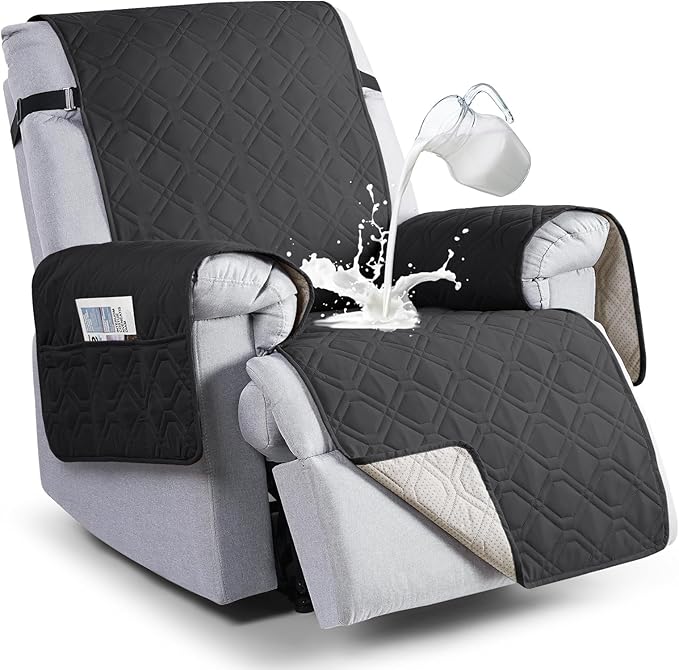VANSOFY 100% Waterproof Recliner Chair Covers, Recliner Cover Non-Slip Dog Chair Cover Furniture Protector Washable Slipcover with Pocket, Elastic Straps for Pets, Dogs(Charcoal Gray, 28")