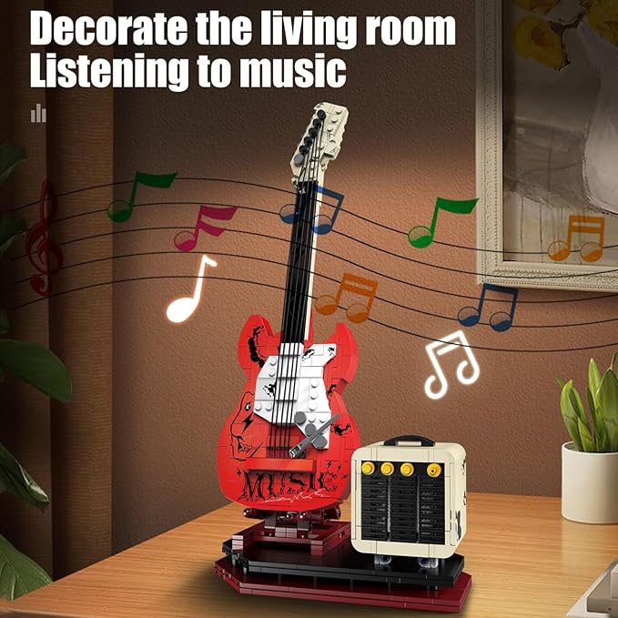 Guitar Music Interactive Building Set for Music Lovers, DIY Guitar Model Toy Compatible with Lego，Reverb Amplifier & Authentic Accessories, Perfect Way to Rock Gift Giving.