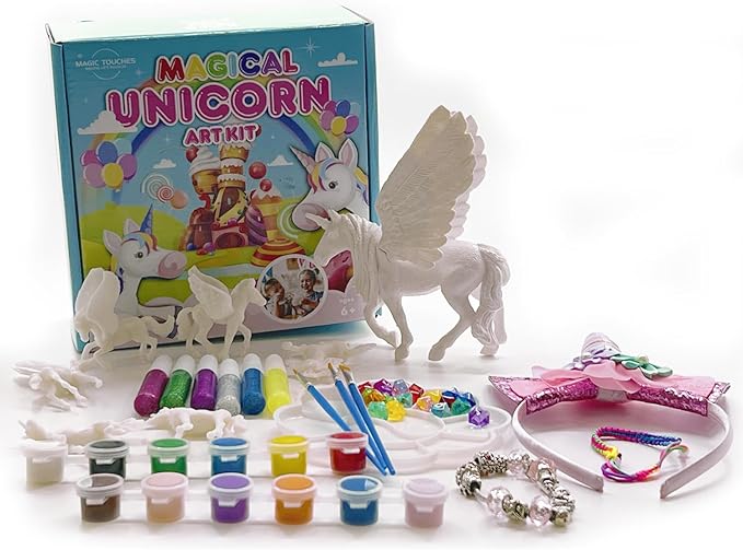 Magic Touches Kids Unicorn Painting Kit, DIY Arts & Crafts with Unicorns, Alicorns, Pegasus, Charm Bracelet, Headband and Gems, Perfect Party Gift Set for Girls Boys Artists Ages 5 to 12+
