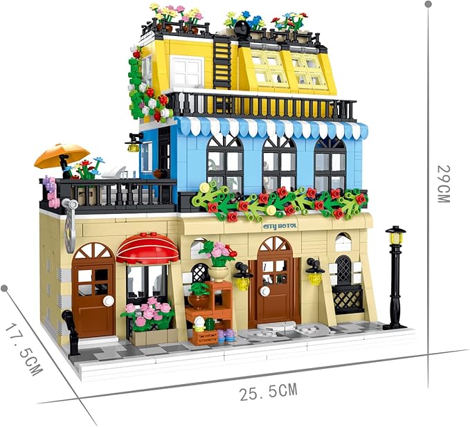City Hotel Architecture Building Kit with Lights,3 Levels Garden Hotel Model Building Blocks Toy,for 12+Age Teen,Adult（1464 Pieces）