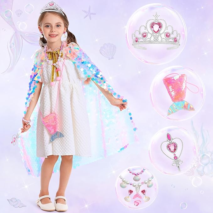 Princess Dress Up for Girls, 9Pcs Mermaid Costume Girls Birthday Gifts Cape Kit for Little Girls 3-8 Years Old, Princess Toys for Christmas Halloween Party Favors