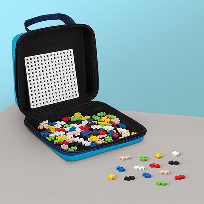 PLUS PLUS Building Set with Travel Case, 3D Open Ended Stem Toy for Kids, 100 Mini Interlocking Pieces, 1 White Baseplate