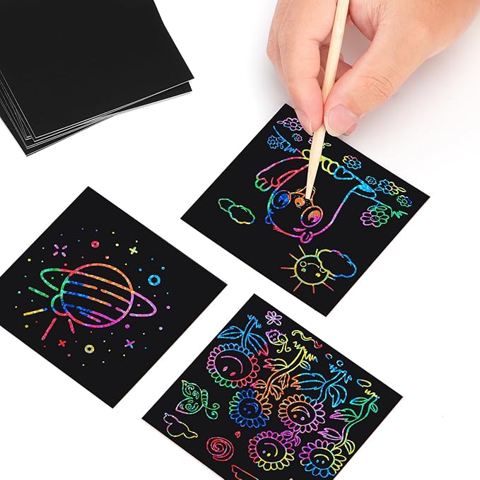 BESTING Scratch Mini Art Notes 200 Sheets Silver Holographic Scratch Off Paper Cards with 4 Wooden Stylus for Kids Arts Craft Kits for Girls Boys Games Party Favors Birthday Halloween (SP200SV)