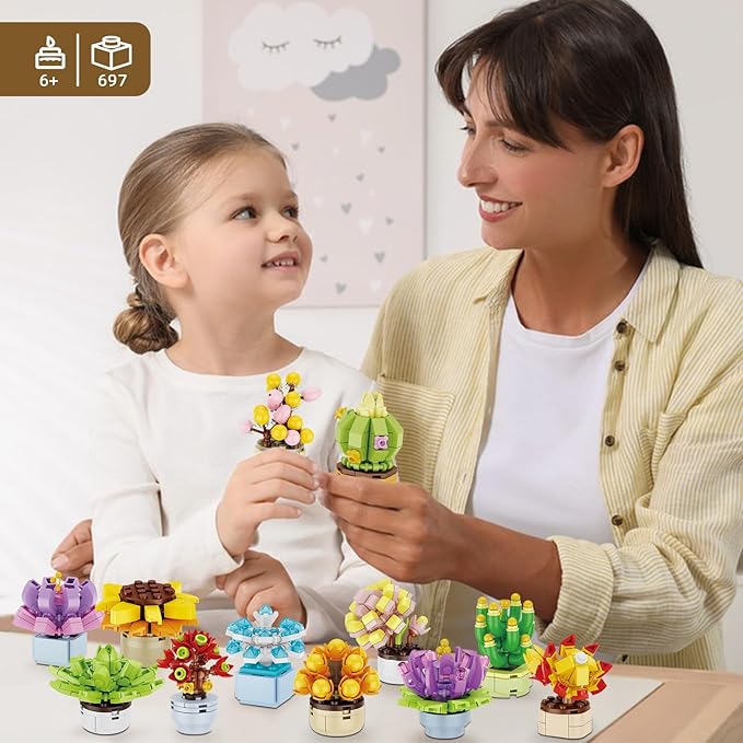 Succulents Flowers Botanical Collection Building Set, 12 Exquisite Succulent Bonsai Plants Home Office Decor, Compatible with Lego, Creative Ideal Gift Toy for Adults Girls Boys