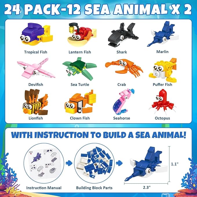 Valentines Day Gifts for Kids, 24 Pack Valentines Day Cards for Kids Classroom School with Sea Animal Building Block Set, Kids Party Favors Goodie Bags Bulk Classmate Boys Girls Exchange Gifts