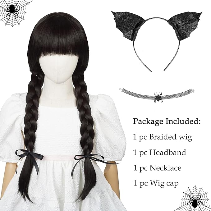 Probeauty Long Black Braided Wig for Kids Girls Cosplay Wigs with Devil Headband Necklace for Halloween Costume