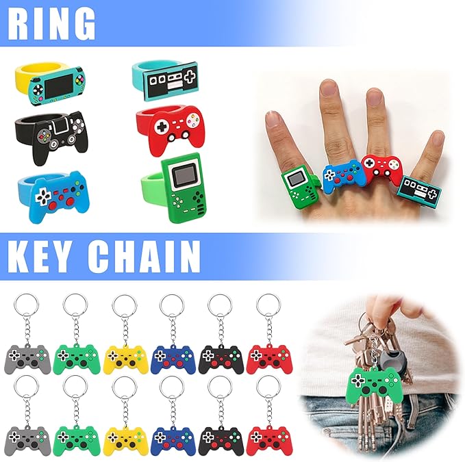 Video Game Party Favors Video Game Theme Keychain Stickers Chest Badge Bracelet Ring for Level Up Party Birthday Party Classroom Rewards Supplies (Multicolor)