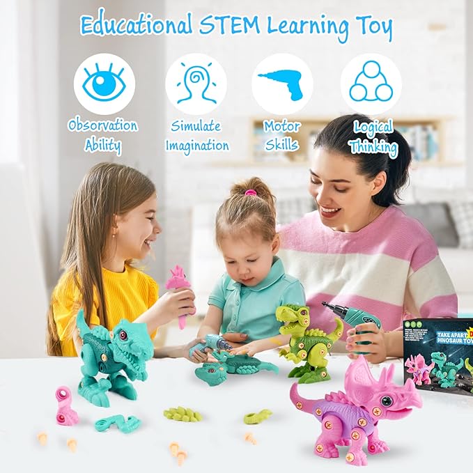 FREE TO FLY Dinosaur Toys for 3 4 5 6 7 8 Year Old Girls Boys: Take Apart Dinosaur Toys for Kids 3-5 5-7 STEM Building Construction Kids Toys with Electric Drill Dino Toys Birthday Gifts