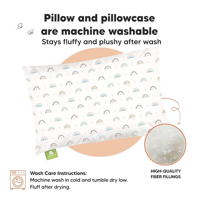 Toddler Pillow with Pillowcase - 13x18 My Little Dreamy Pillow, Organic Cotton Toddler Pillows for Sleeping, Kids Pillow, Travel Pillows,Mini Pillow,Nursery Pillow,Toddler Bed Pillow (Jolly Rainbow)