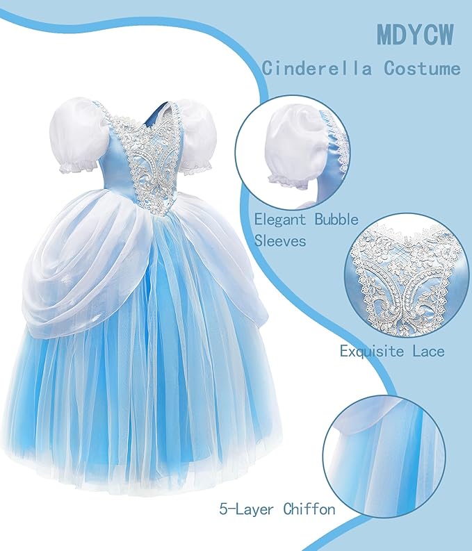 Princess Cinderella Halloween Costume with Accessories for Girls, Birthday Party Cinderella Cosplay Dress Up, Blue