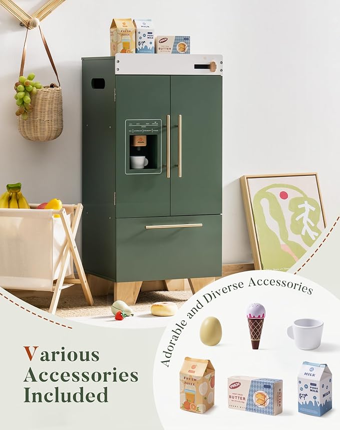 ROBOTIME Wooden Toy Fridge - Play Kitchen Set with Accessories, Kitchen Playset Interactive Refrigerator for Pretend Play Fridge for Kids, Toddler Kitchen Appliance (Vintage Green)