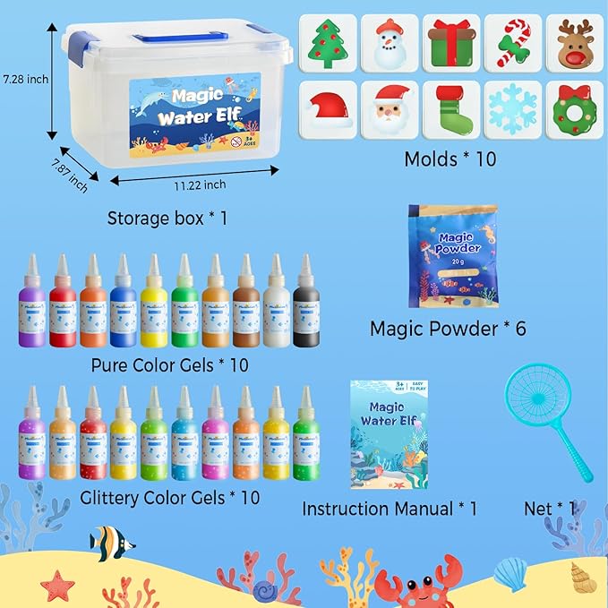 MINISENTIALS Magic Water Elf Toy Kit - Aqua Elves Water Gel Kit - Christmas Theme 20 Colors Magic Water Fairy Gel 10 Molds Squishy Maker - Party Favor Birthday Aqua Art DIY STEM Gifts for Kids
