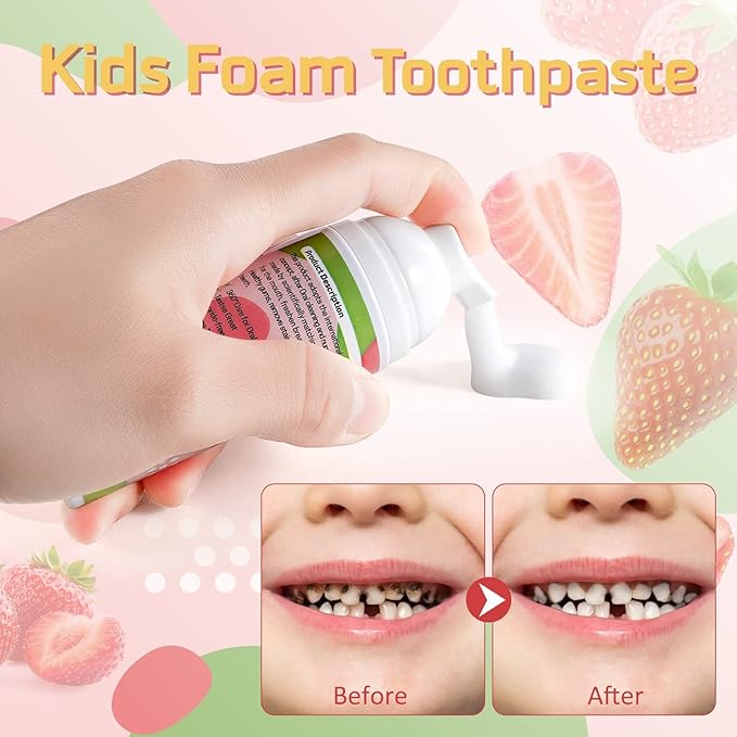 Kids Foam Toothpaste with Low Fluoride, Orange and Strawberry Flavor, Safe Natural Formul, Perfect for U-Shape Electric Toothbrush